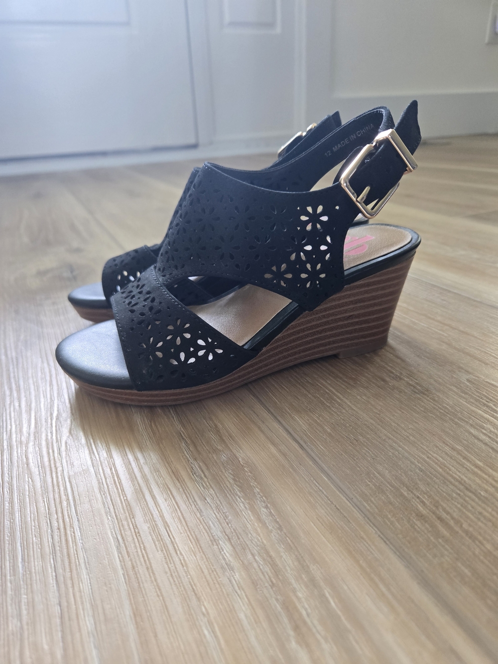 GB girls Black Laser-Cut Wedge Sandals with Gold Buckle